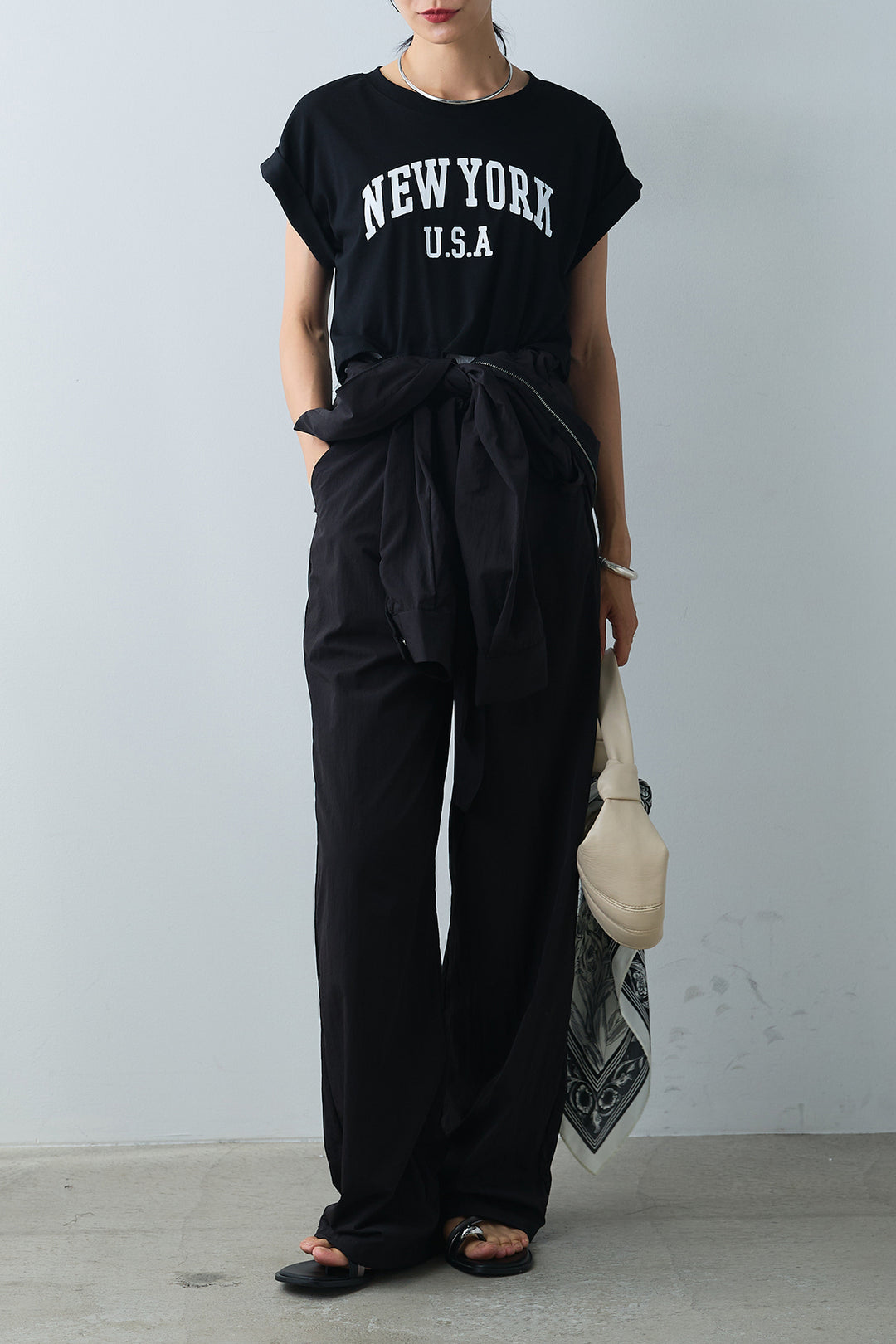 [SET]ショート丈NEWYORKロゴTシャツ+合繊ジャンプスーツ(2set)