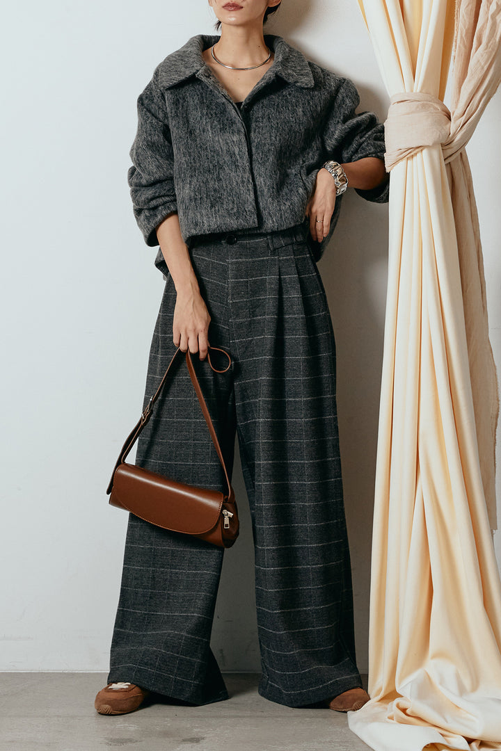 [SET]シャギーショートジャケット+スクエアチェック柄ワイドパンツ(2set)