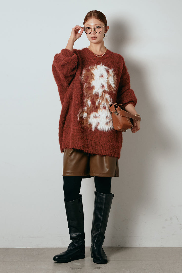 [SET]シャギーニュアンスアニマルニット+ストレッチエコレザーバミューダパンツ(2set)