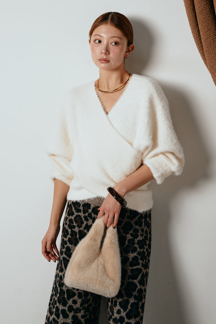 [SET]シャギーカシュクールニットトップス+リラックスレオパード柄ニットパンツ(2set)
