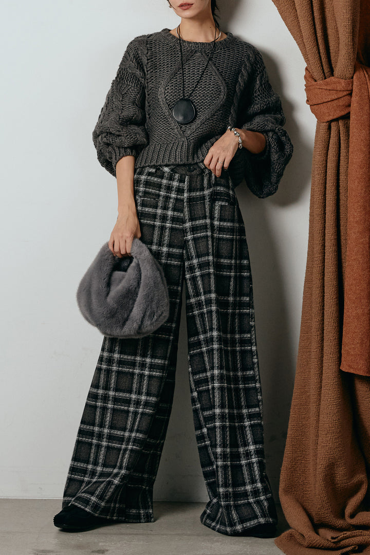 [SET]ロービングケーブルショート丈プルオーバー+ルーズタータンチェックワイドパンツ(2set)
