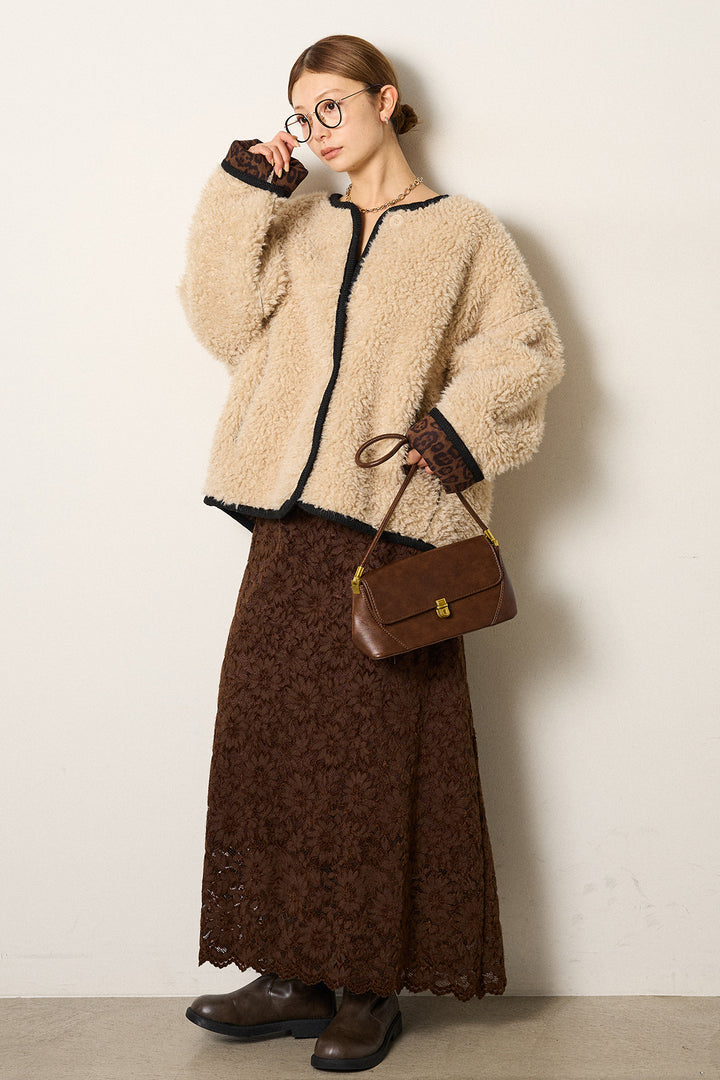 [SET]ノーカラー裏地レオパードボアアウター+花柄刺繍ベロアフレアスカート(2set)