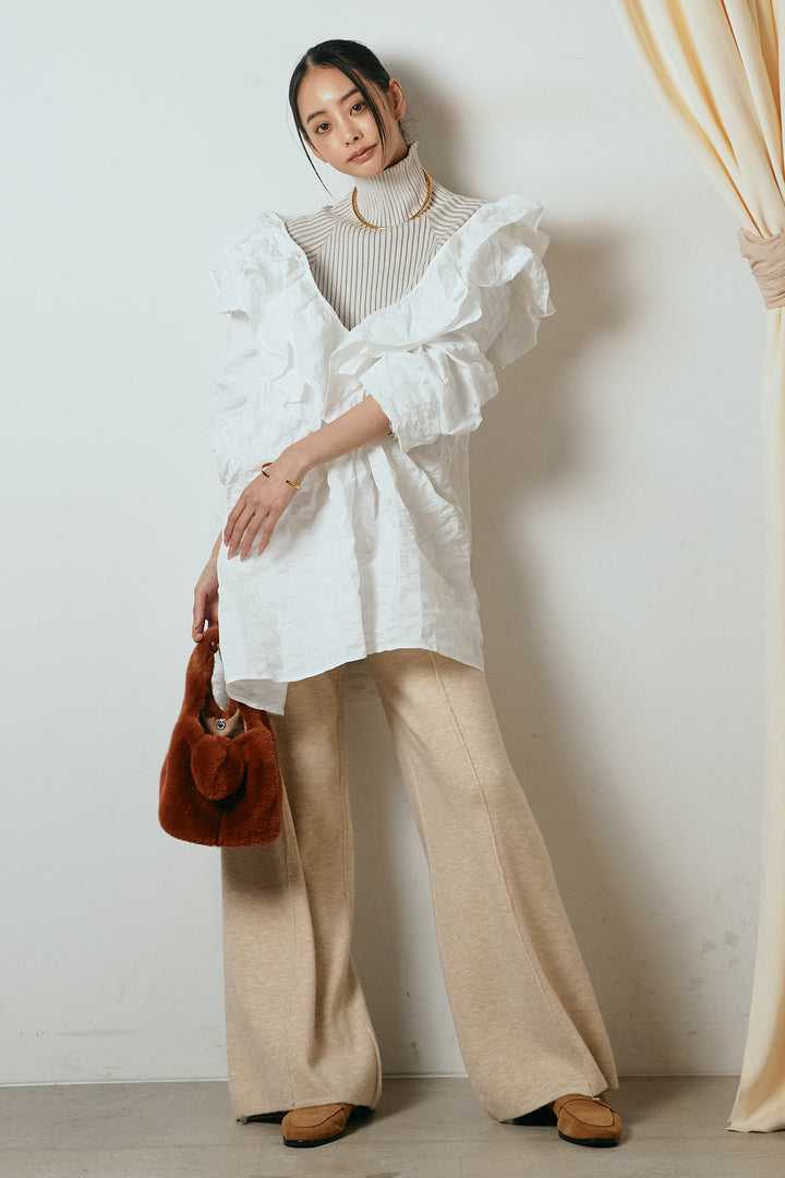 [SET]Vネックフリルカラーブラウス+センターラインニットパンツ(2set)