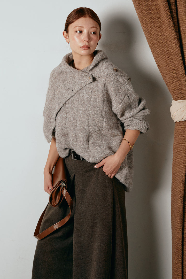 [SET]ケープデザインケーブルニットトップス+ベルト付きフロントタックデザインパンツ(2set)