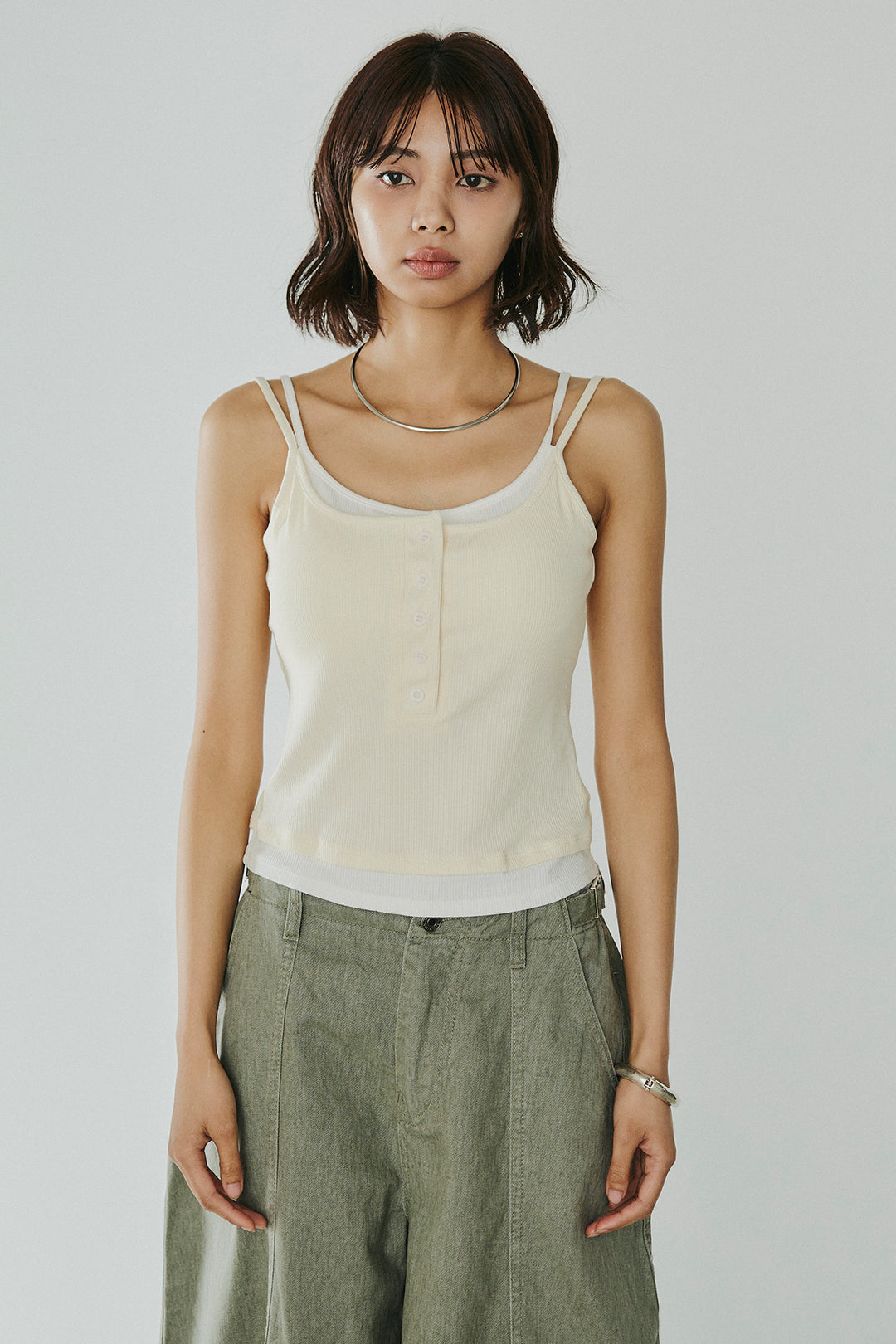 [SET]シアージャガードハーフスリーブテーラードジャケット+サイドベルトカーブワイドパンツ+配色ヘンリーネックタンクトップ(3set)