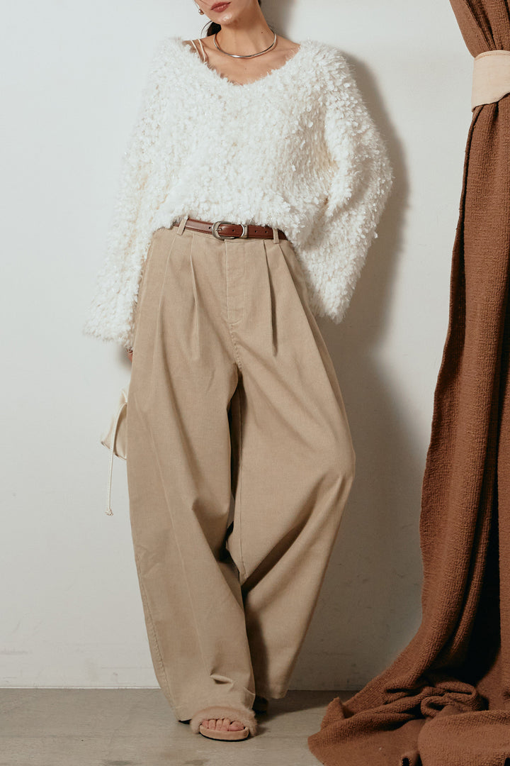 [SET]深Vネックチョウチョヤーンニットトップス+フロントタック入りコーデュロイパンツ(2set)