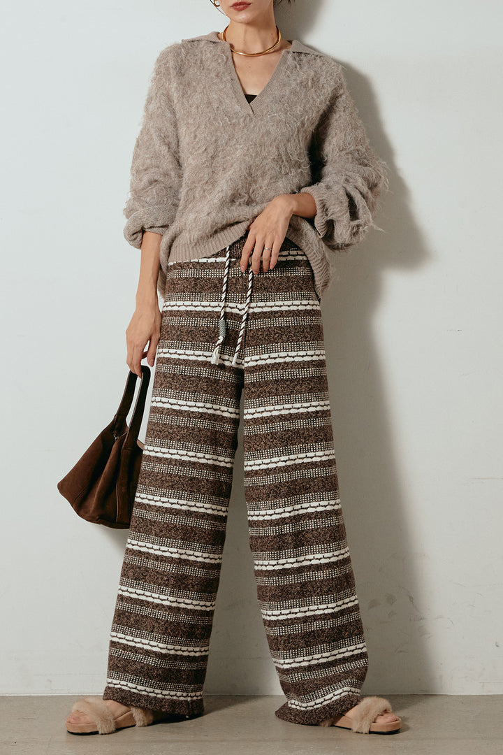 [SET]襟付きシャギーニットポロトップス+マルチライン柄リラックスニットパンツ(2set)