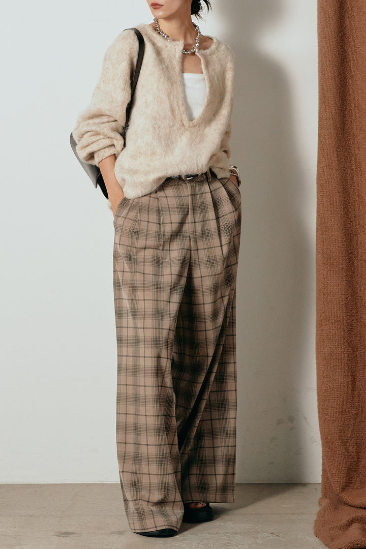 [SET]ミックスシャギー深Vニット+タック入りタータンチェックワイドパンツ(2set)