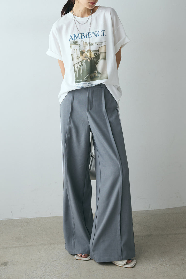 [SET]AMBIENCEフォトプリントTシャツ+サイドラインワイドスラックスパンツ(2set)