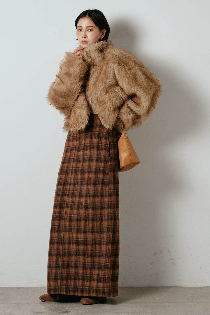 [SET]エコファーショート丈ブルゾン+シャギーチェックストレートスカート(2set)