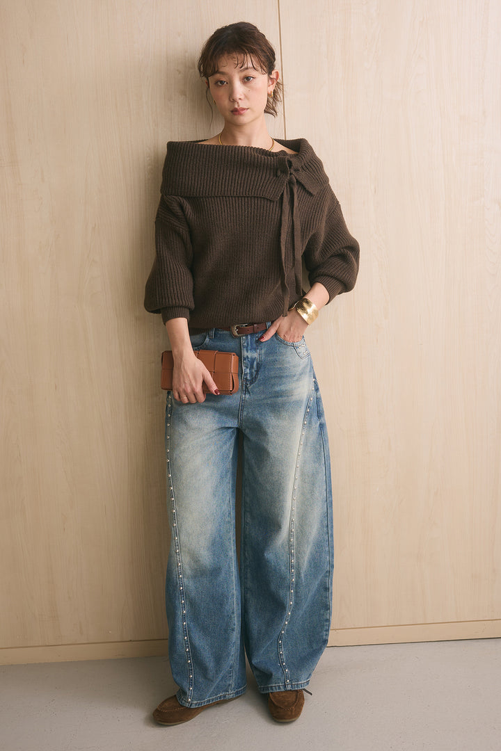 [SET]サイドリボンデザインオフショルニット+スタッズデザインカーブデニムワイドパンツ(2set)
