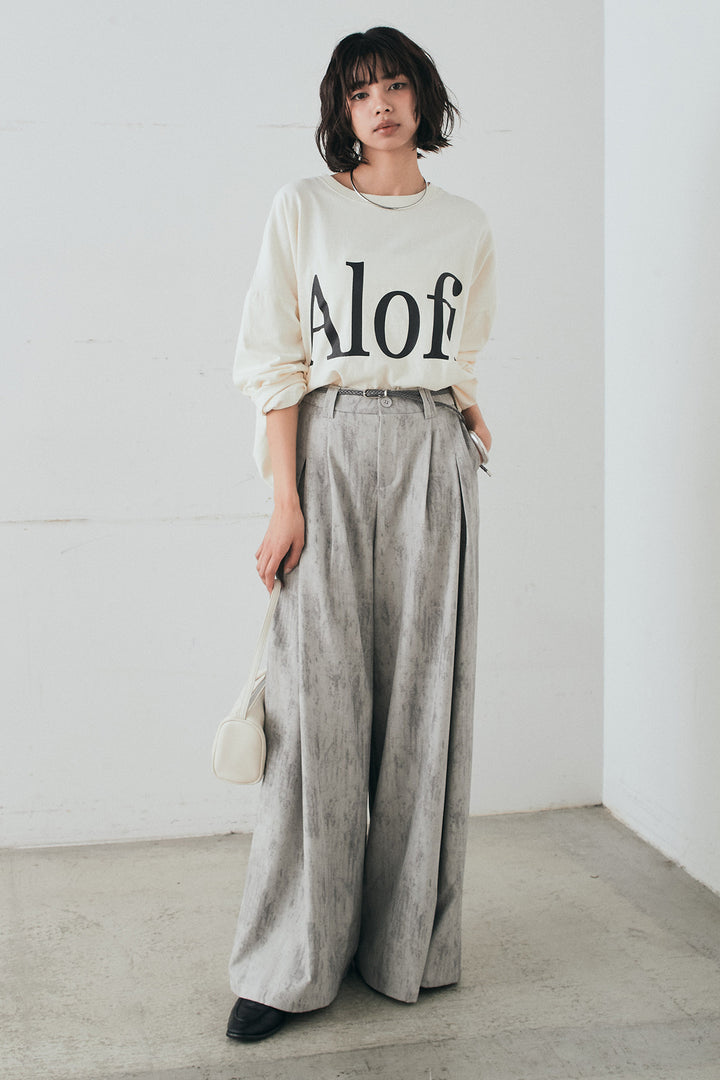 [SET]裾センタードロストロゴプリントワイドTシャツ+紐ベルト付きかすれ柄ワイドスラックス(2set)