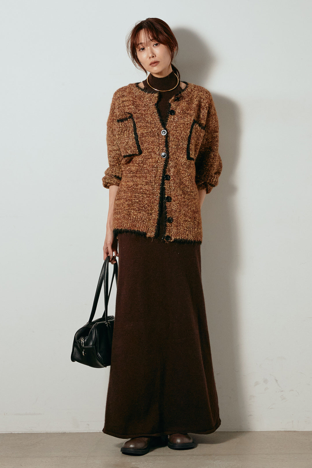 [SET]ミックスニットポケットカーディガン+ノースリーブニットロングワンピース(2set)