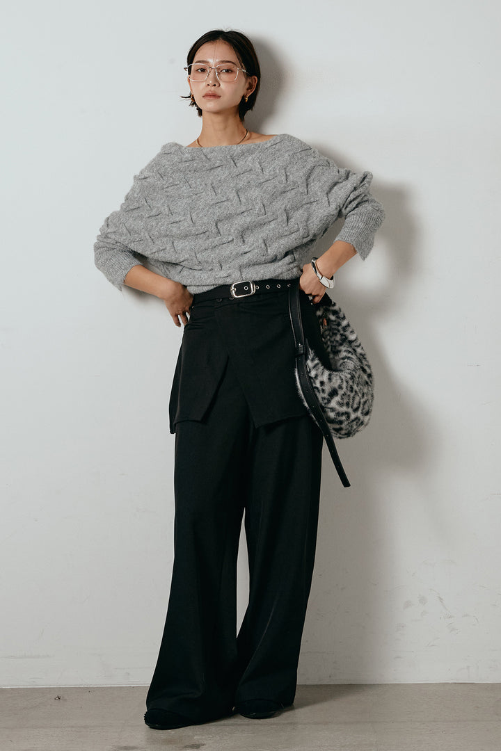 [SET]ボートネックニットトップス+ベルト付きウエストデザインパンツ(2set)