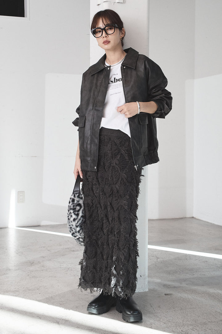 [SET]レザーライクオーバーサイズブルゾン+カットフリンジニットタイトスカート(2set)