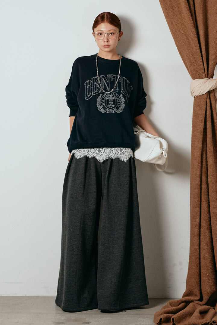 [SET]フロントロゴスウェットプルオーバー+フェイクレザー太ベルト付きタックワイドパンツ(2set)