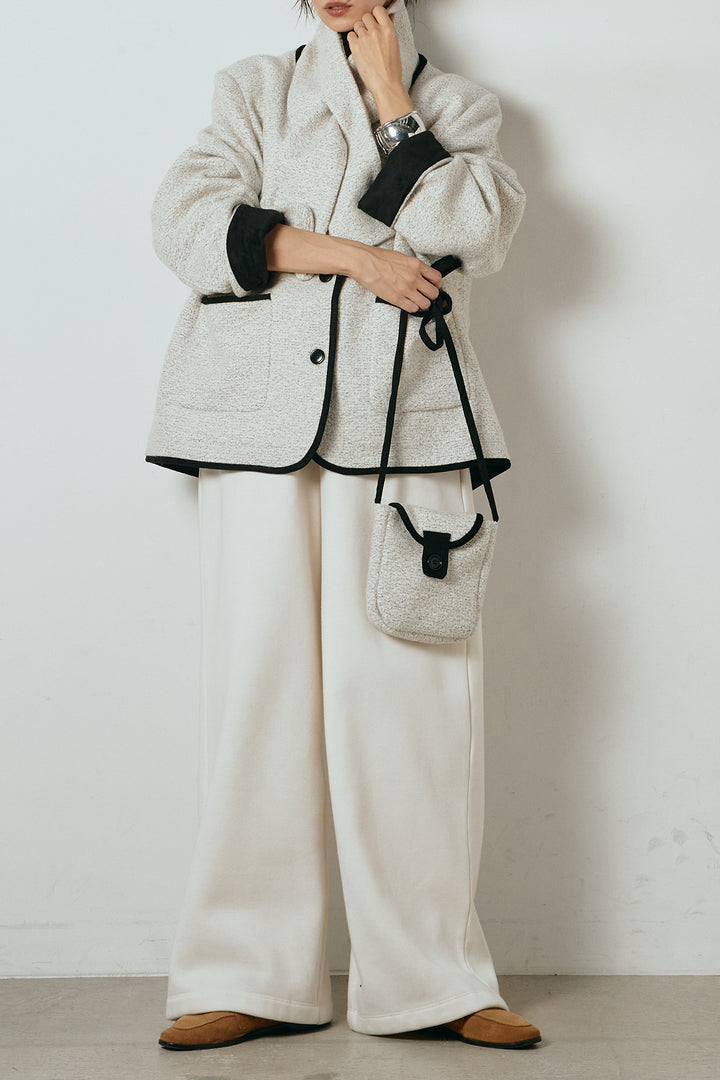 [SET]ノーカラーマフラーバッグ付きアウター+裏起毛スウェットワイドパンツ(2set)