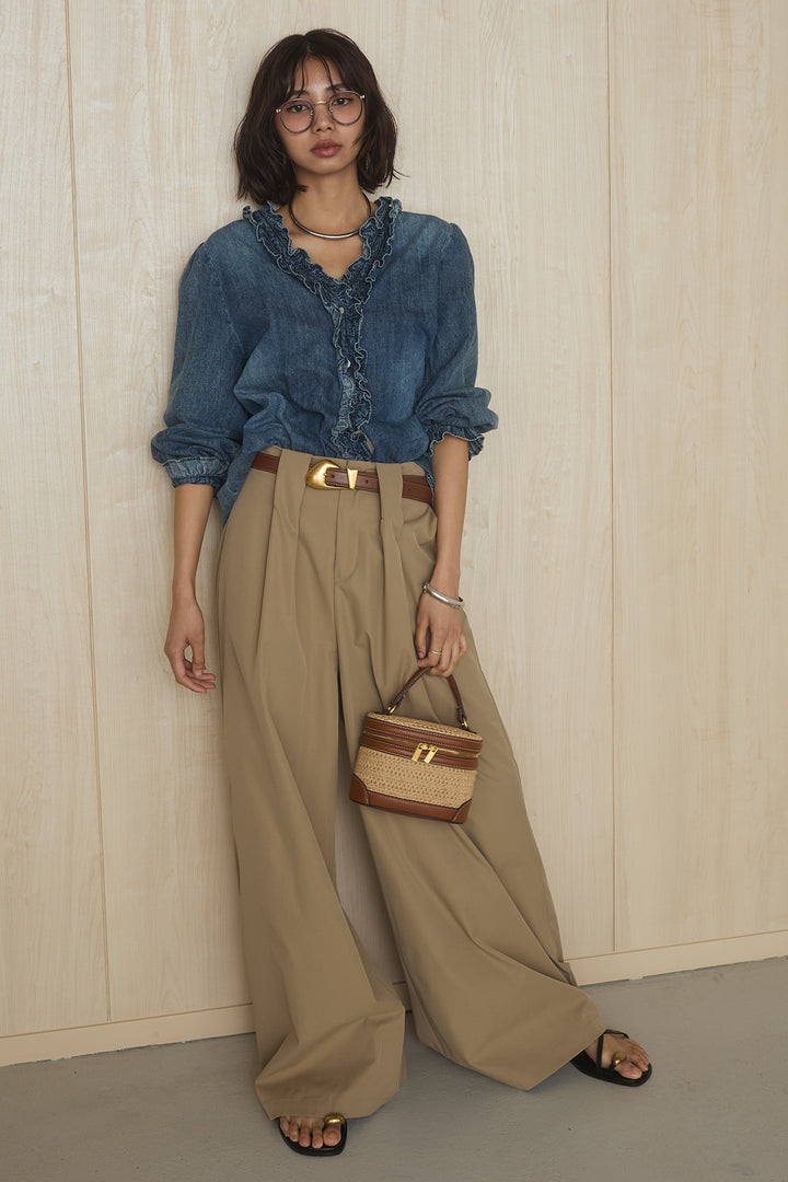 [SET]Vネックデニムフリルトップス+ベルトループデザインハイウエストタックパンツ(2set)