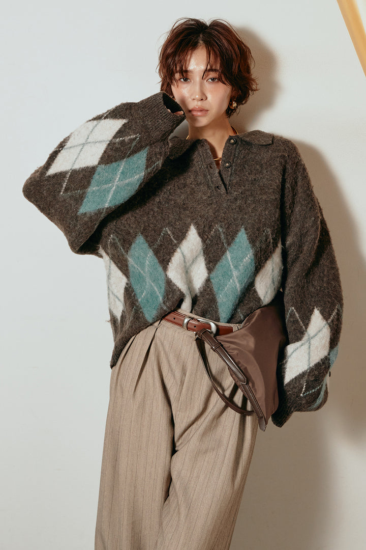 [SET]アーガイル柄ポロニットトップス+ストライプヘリンボーンパンツ(2set)