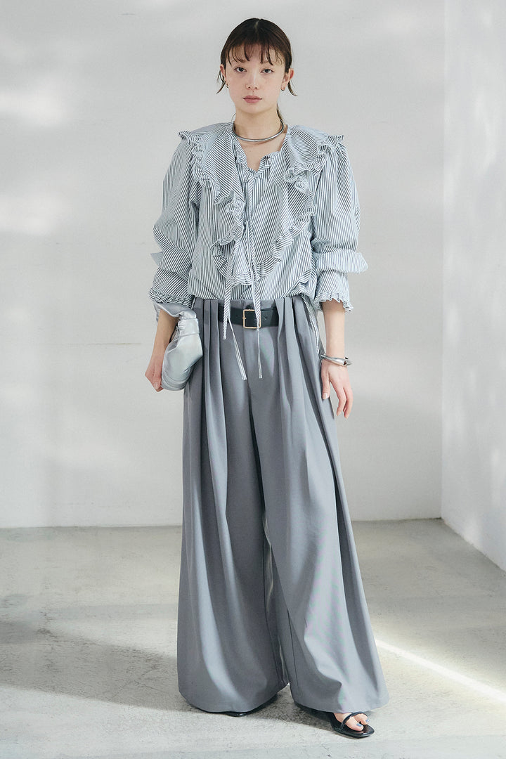 [SET]コットンフリルブラウス+ベルト付きタックデザインハイウエストロングパンツ(2set)