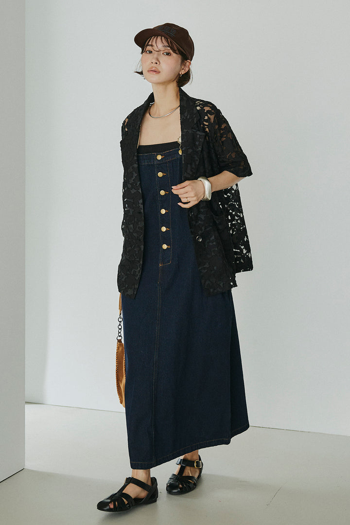 [SET]シアージャガードハーフスリーブテーラードジャケット+配色ショルダーデニムサロペットスカート(2set)