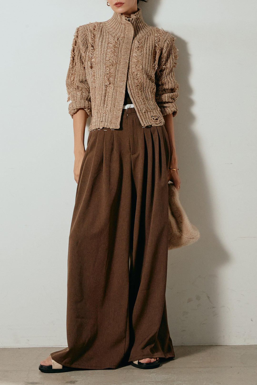 [SET]ハイネックフリンジジップニットトップス+ウエストステッチデザインワイドスラックス(2set)