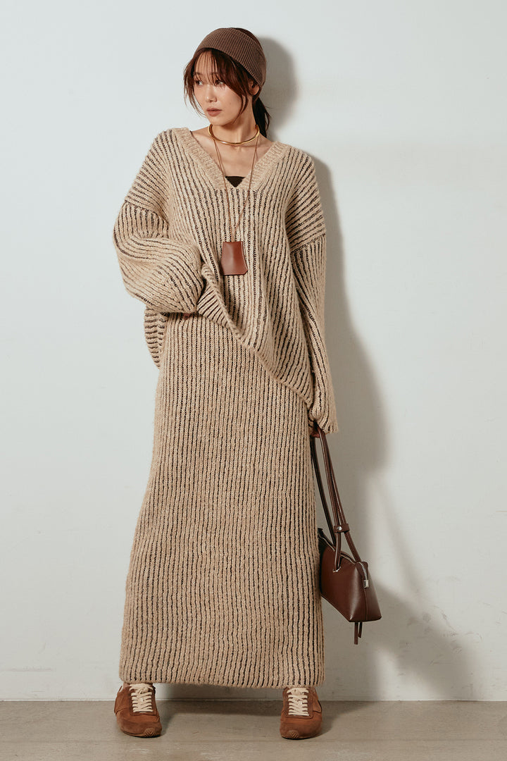 [SET]アルパカタッチ深Vニットトップス+アルパカタッチニットタイトスカート(2set)