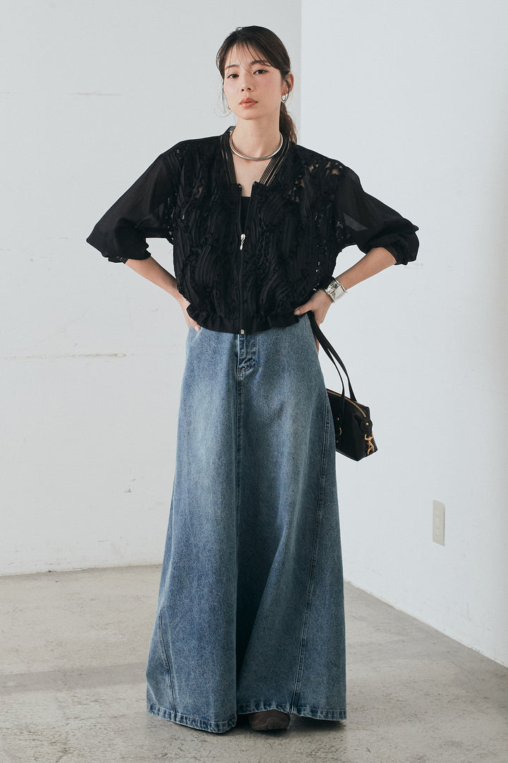 [SET]モチーフ付きシアーブルゾン+デニムロングフレアスカート(2set)