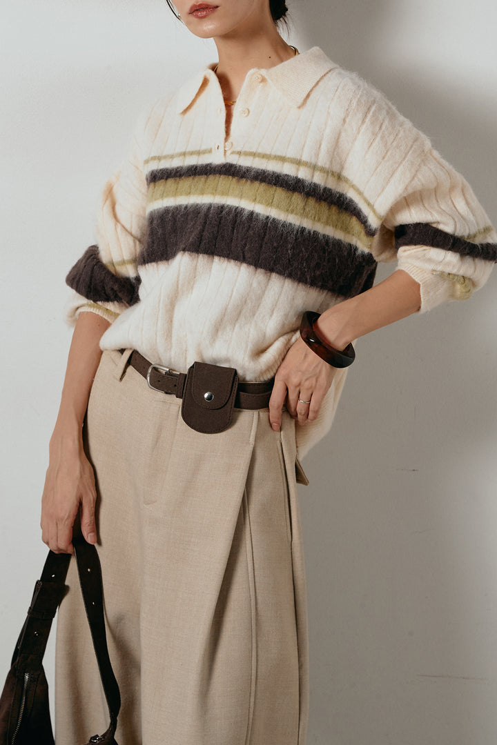 アルパカタッチボーダーポロニット/アイボリー