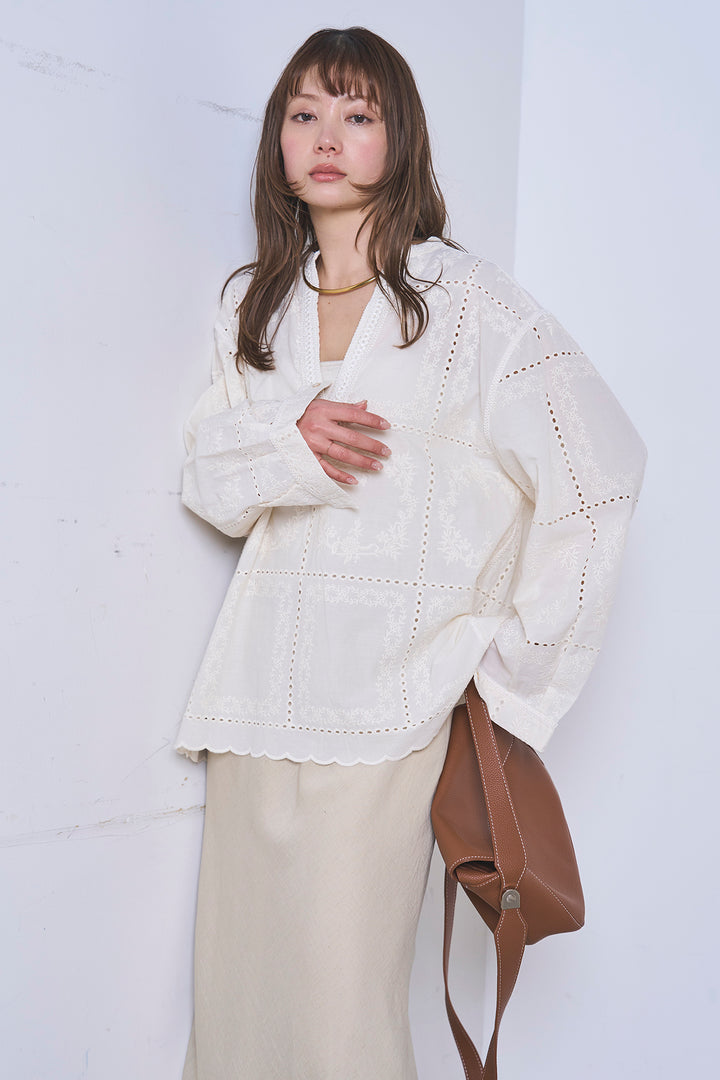 [SET]深V刺繍柄ブラウス+リネンブレンドロングナロースカート(2set)