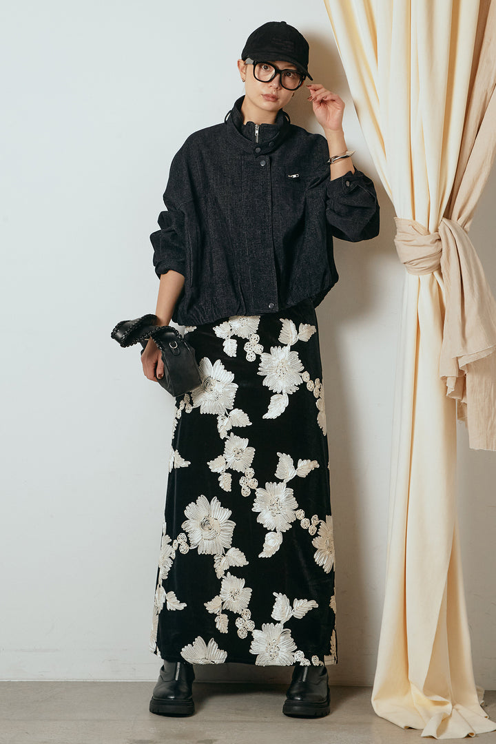 [SET]デニム調ハイネックブルゾン+フラワー刺繍ワイドスカート(2set)