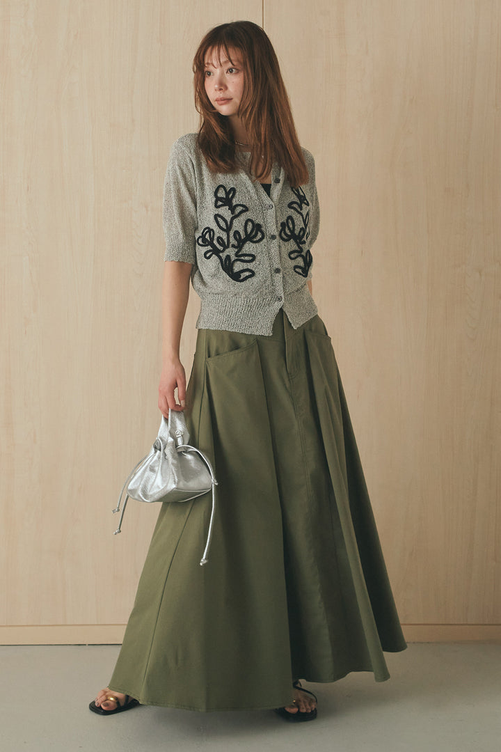 [SET]フロントテープデザイン半袖カーディガン+ミリタリーツイルタックフレアスカート(2set)
