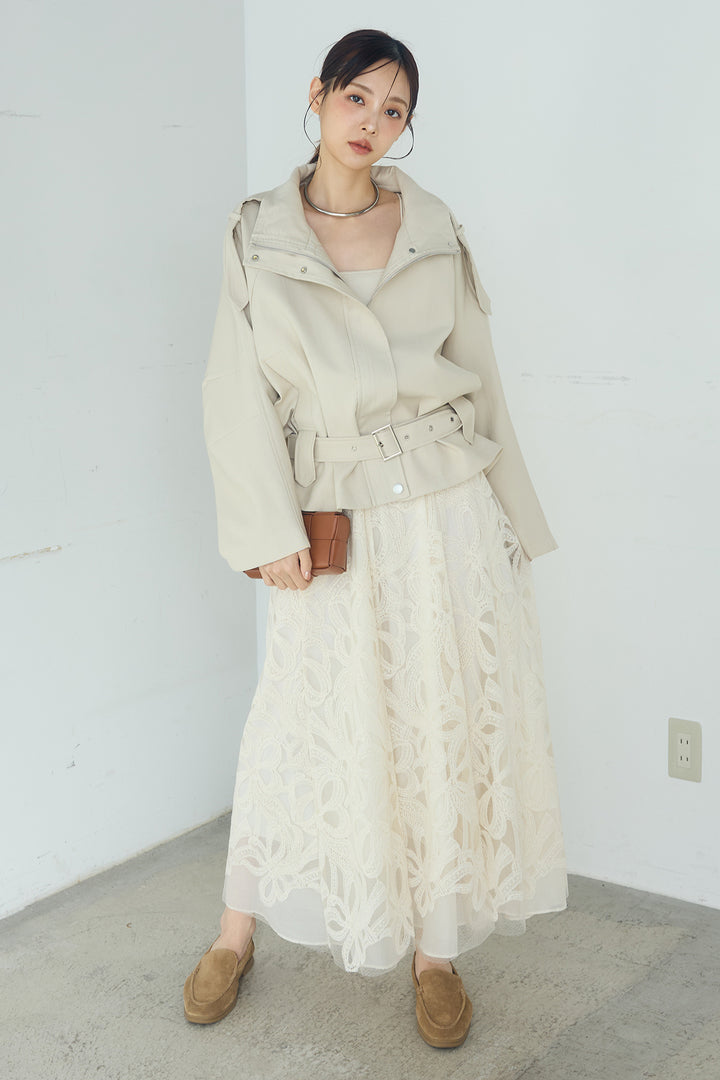 [SET]ベルト付きスタンドネックアウター+ニュアンス柄刺繍スカート(2set)