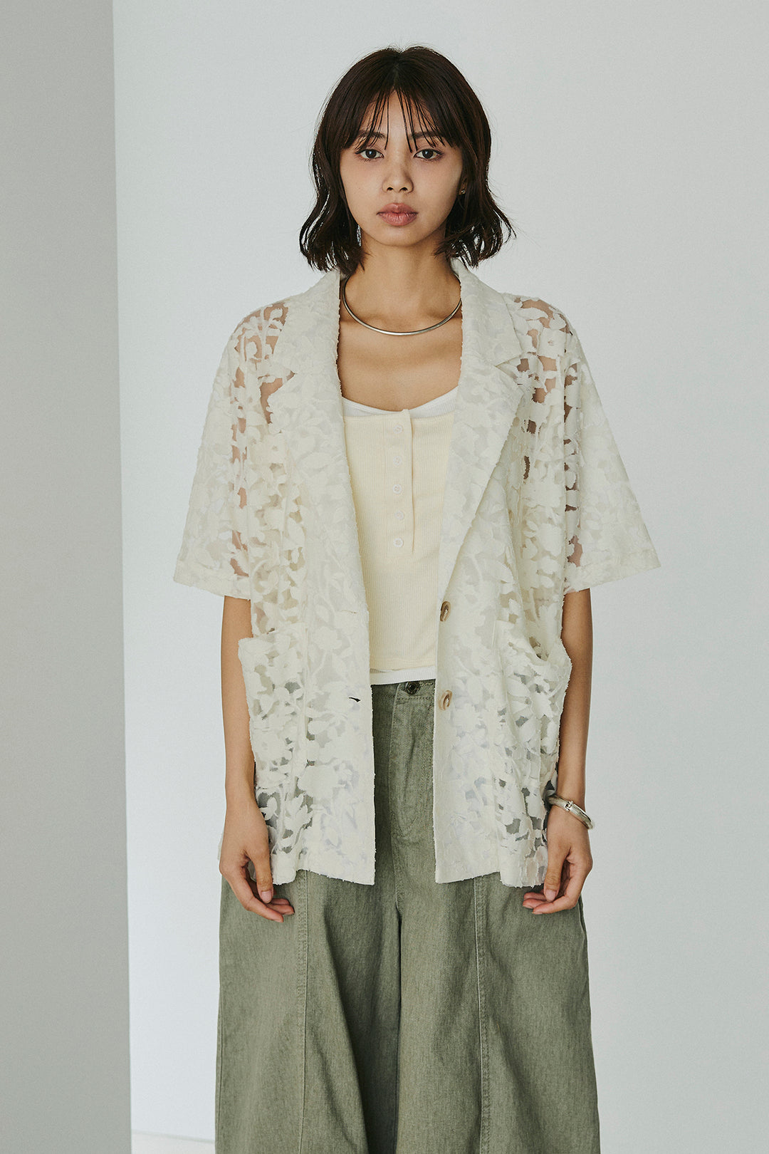 [SET]シアージャガードハーフスリーブテーラードジャケット+サイドベルトカーブワイドパンツ(2set)