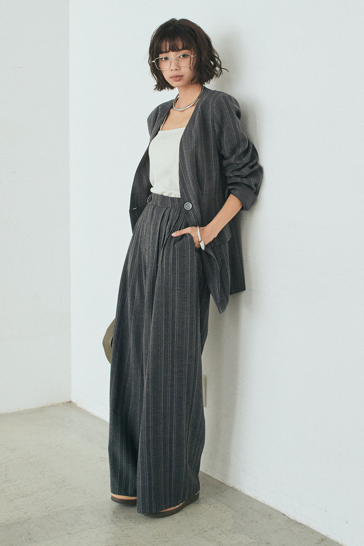 [SET]ノーカラーピンストライプジャケット+ピンストライプワイドスラックス(2set)