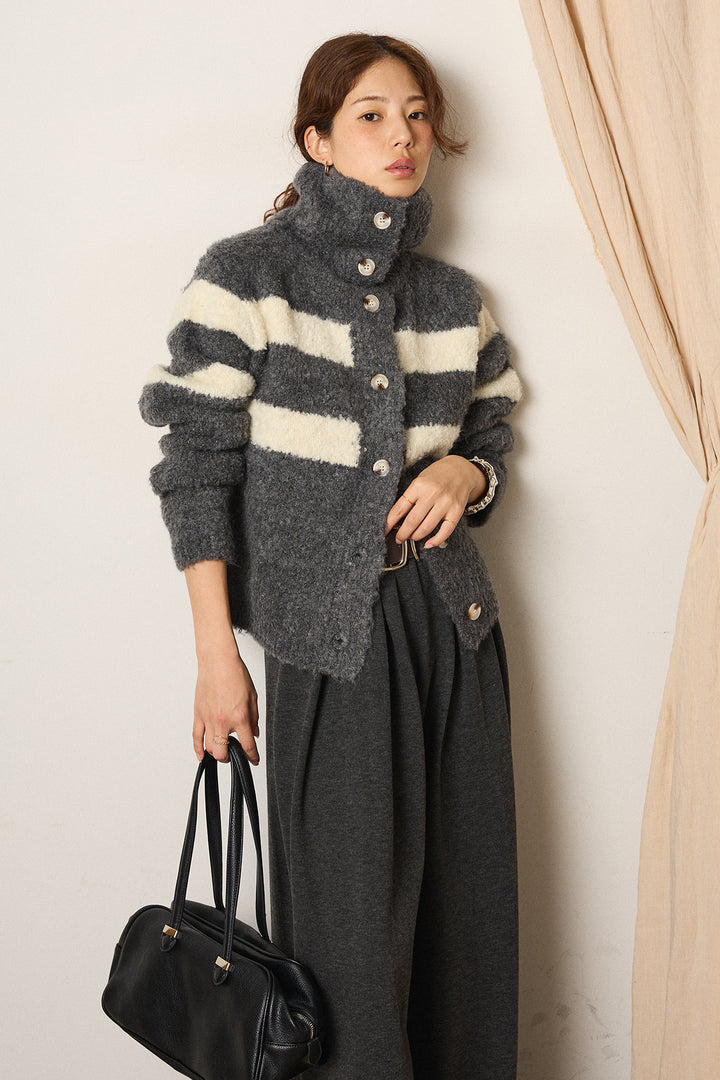 [SET]ハイネックボーダーニットカーディガン+フェイクレザー太ベルト付きタックワイドパンツ(2set)