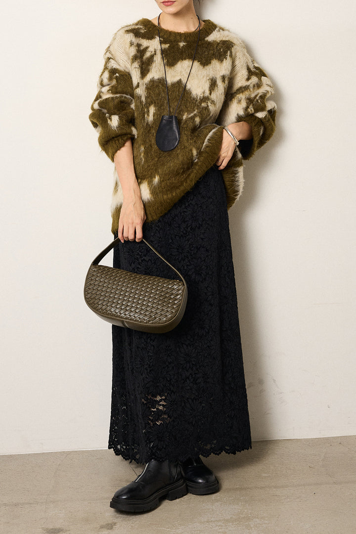 [SET]モヘアタッチマーブルニット+花柄刺繍ベロアフレアスカート(2set)