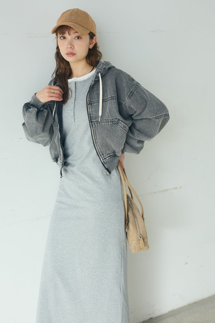 [SET]デニムダブルジップパーカーブルゾン+レイヤード見えヘンリーネックロングワンピース(2set)