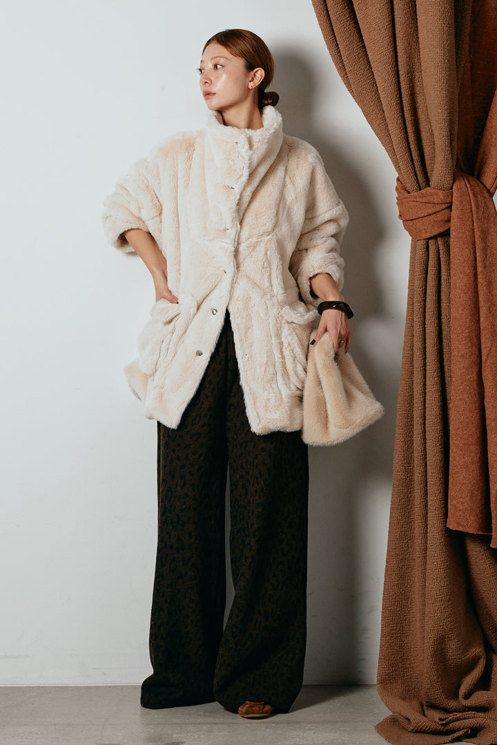 [SET]スタンドネックファーコート+レオパードジャガードニットパンツ(2set)