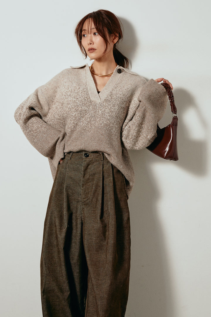 [SET]グラデーションラメニットキーネックプルオーバー+フロントタック入りコーデュロイパンツ(2set)