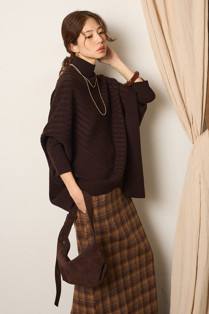[SET]アシメデザインリブポンチョニットトップス+シャギーチェックストレートスカート(2set)