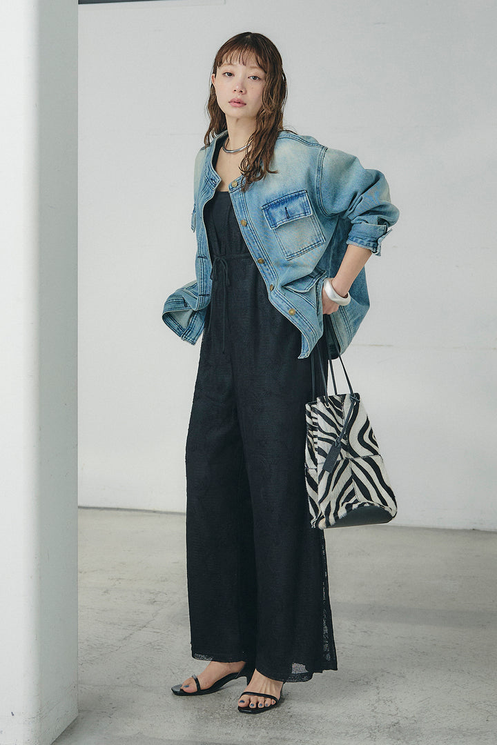 [SET]ノーカラーデニムポケットジャケット+レースサロペット(2set)