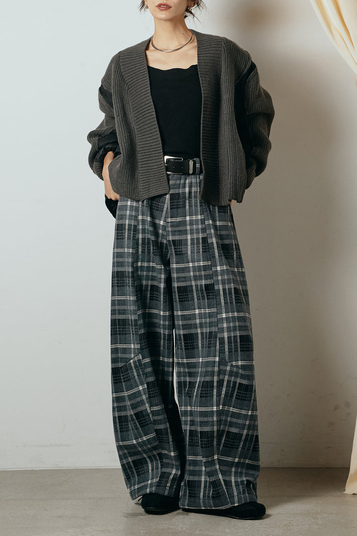 [SET]キルティング切り替えニットカーディガン+ベルト付きタータンチェックカーブワイドパンツ(2set)