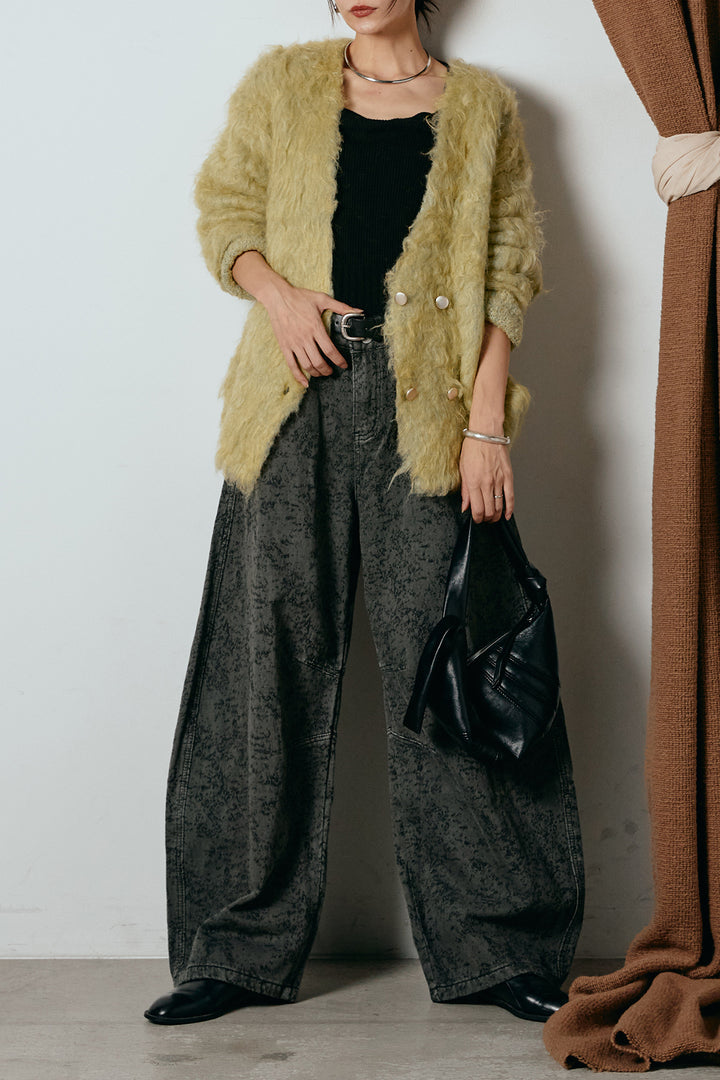 [SET]ウェーブシャギーニットジャケット+ベルト付きニュアンス柄カーブワイドパンツ(2set)