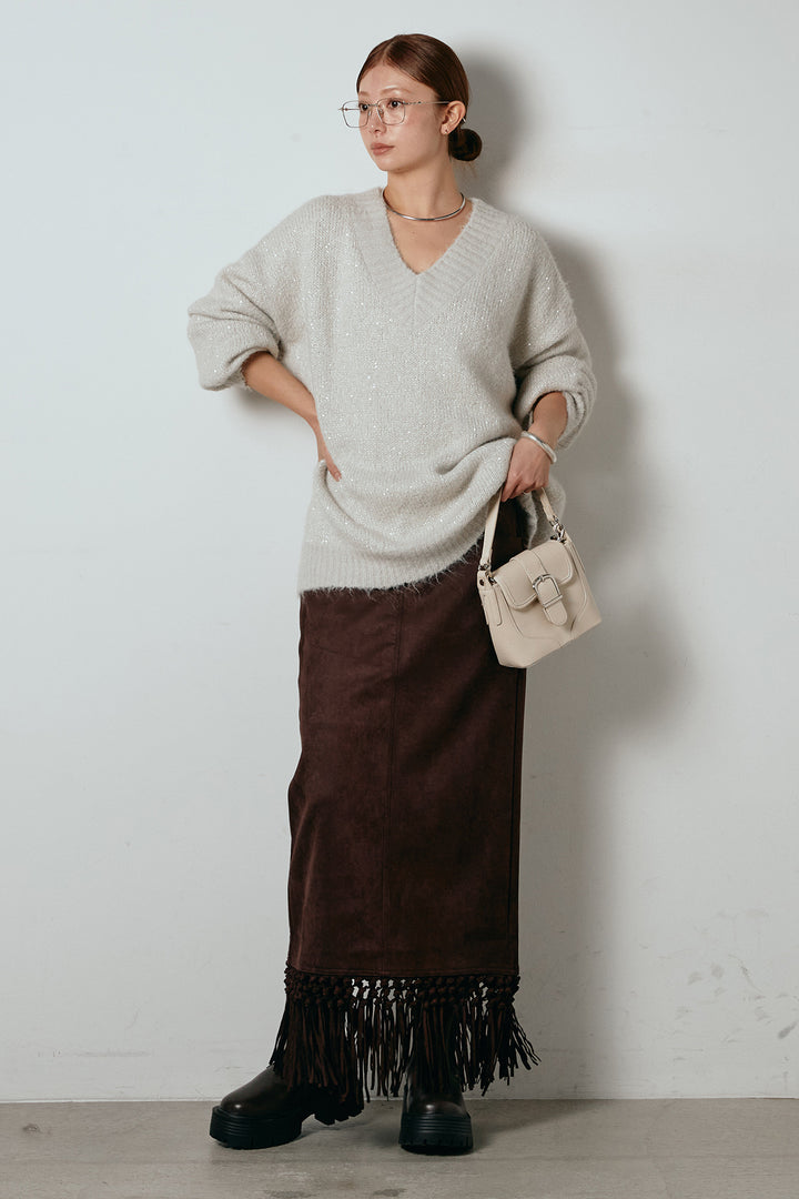 [SET]Vネックルーズラメニットトップス+スウェードライク裾フリンジスカート(2set)