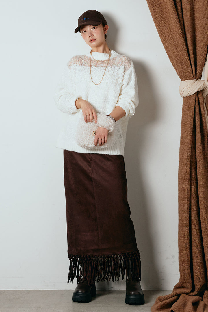 [SET]パターンランダム編みニットトップス+スウェードライク裾フリンジスカート(2set)
