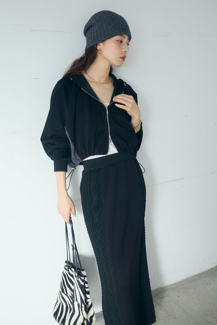 [SET]ドルマンショートフーディー+異素材ドッキングケーブルニットスカート(2set)