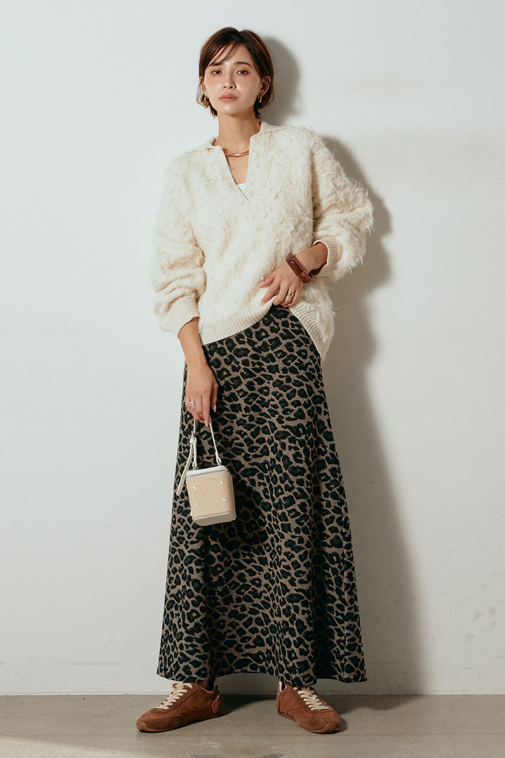 [SET]襟付きシャギーニットポロトップス+レオパードロングスカート(2set)