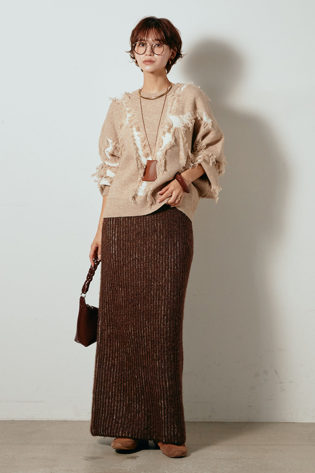 [SET]シャギージャガードニットトップス+アルパカタッチニットタイトスカート(2set)