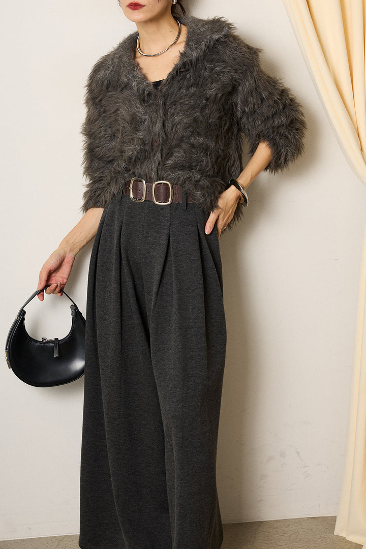 [SET]襟付きシャギーニットカーディガン+フェイクレザー太ベルト付きタックワイドパンツ(2set)